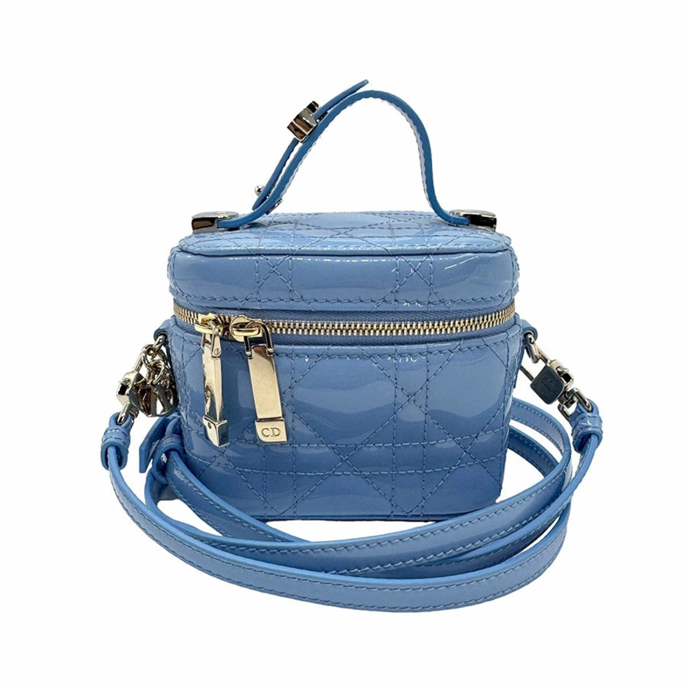 Christian Dior Lady Vanity Shoulder Bag Patent Vernis Leather Sky Blue